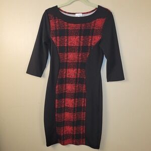 Olivia Matthews Dress Womens M Black Red Plaid Sheath Bodycon 3/4 Sleeve Stretch
